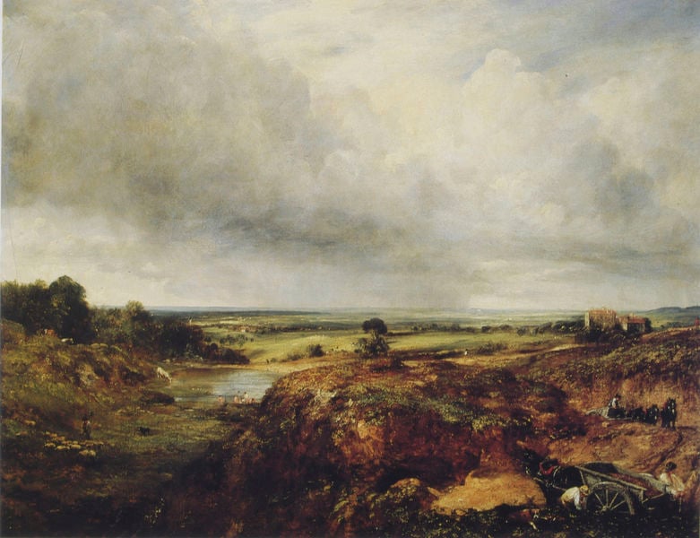 Branch Hill Pond, Hampstead. by John Constable. 1824–1825. Motifs recorded: landschaft, himmel, pferd, wagen, wolken, bäume, grün, häuser.