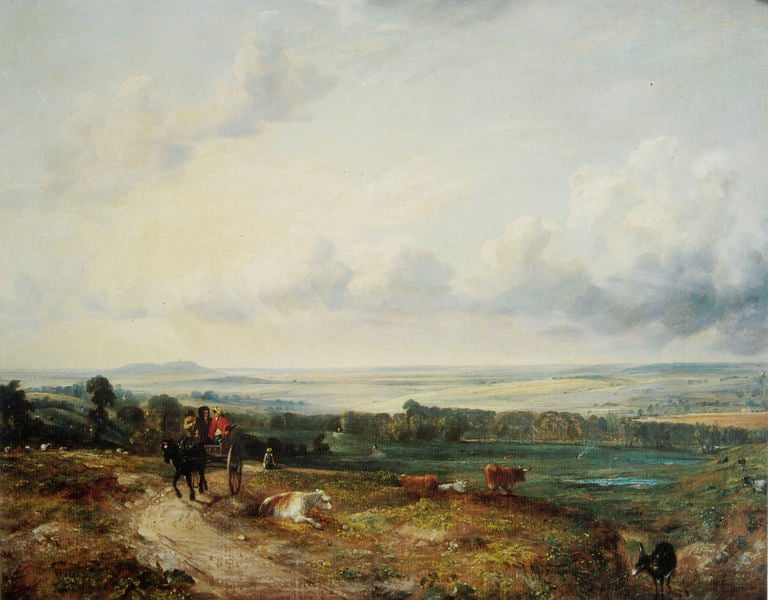 Child's Hill. by John Constable. 1824–1825. Motifs recorded: landschaft, kühe, weg, kutsche, wolken, pferd, himmel, bäume.