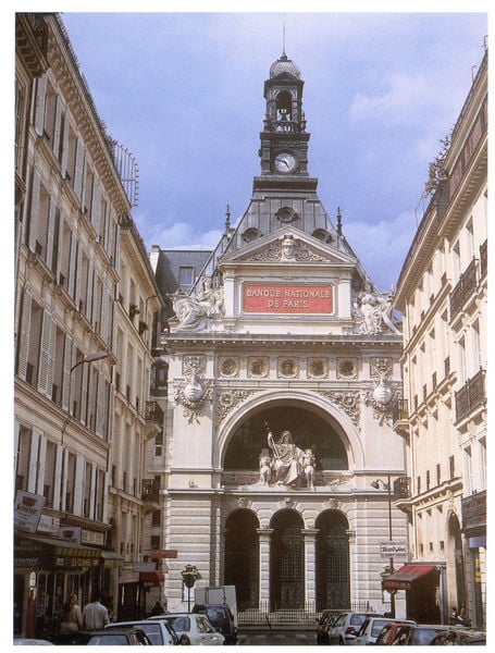 Comptoir National d'Escompte, Fassade. by Edouard Jules Corroyer. 1878–1881. Motifs recorded: uhr, autos, fenster, turm, himmel, foto, gebäude, kirche.