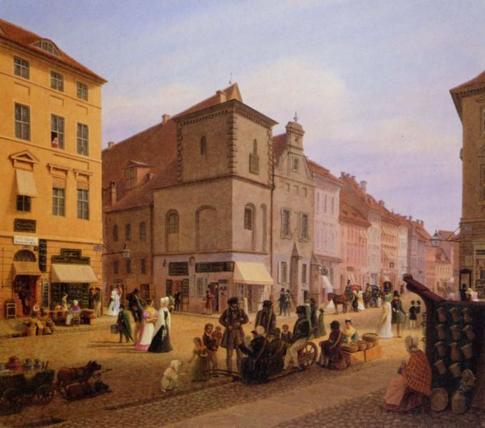Berlin, Blick auf die Gebäudeteile des ehemaligen Rathauses. by Johann Wilhelm Brücke. 1840. Motifs recorded: menschen, stadt, häuser, hund, straße, fenster, wagen, krüge.