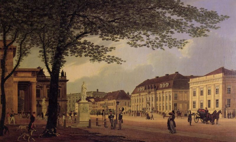 Berlin, Unter den Linden, Kronprinzenpalais. by Johann Wilhelm Brücke. 1826. Motifs recorded: kutsche, statue, hunde, wolken, stadt, säulen, baum, häuser.
