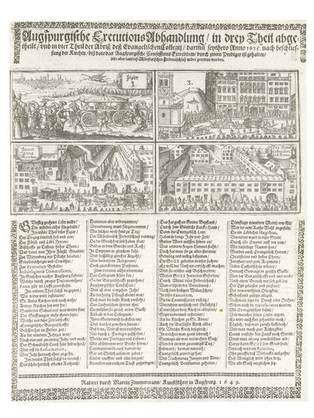 Augspurgische ExecutionsAbhandlung/in drey Theil. by Martin Zimmermann. 1649. Motifs recorded: augsburg, kutsche, schrift, text, stadt, zeichnung, schwarz, rathaus.