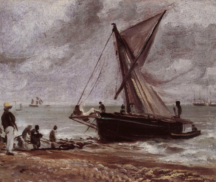 Beaching a Boat, Brighton. by John Constable. 1824. Motifs recorded: strand, segel, wolken, schiff, boot, meer, fischer, ufer.