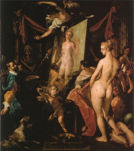 Apelles malt Campaspe. by Jodocus A. Winghe. 1595–1605. Motifs recorded: nackt, akt, hund, engel, maler, frau, vorhang, leinwand.