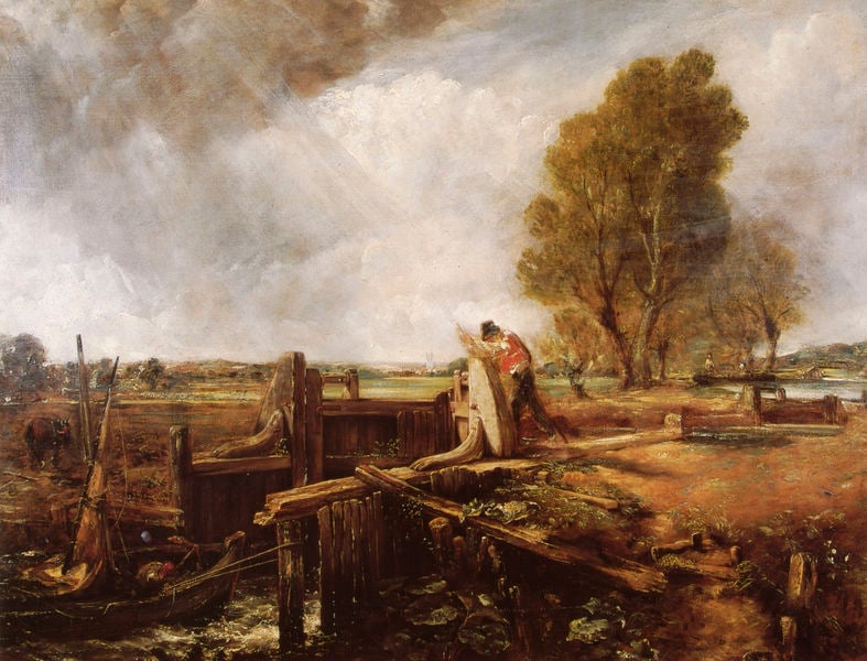 A Boat Passing a Lock. by John Constable. 1823–1826. Motifs recorded: mann, boot, baum, schleuse, landschaft, wolken, fluss, holz.