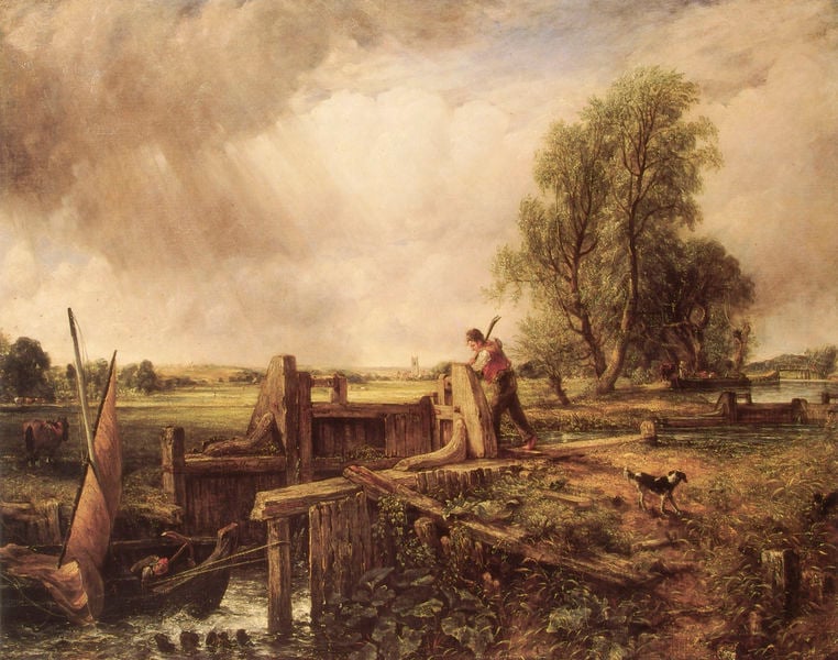 A Boat Passing a Lock. by John Constable. 1826. Motifs recorded: hund, boot, mann, segel, wasser, schleuse, regen, baum.