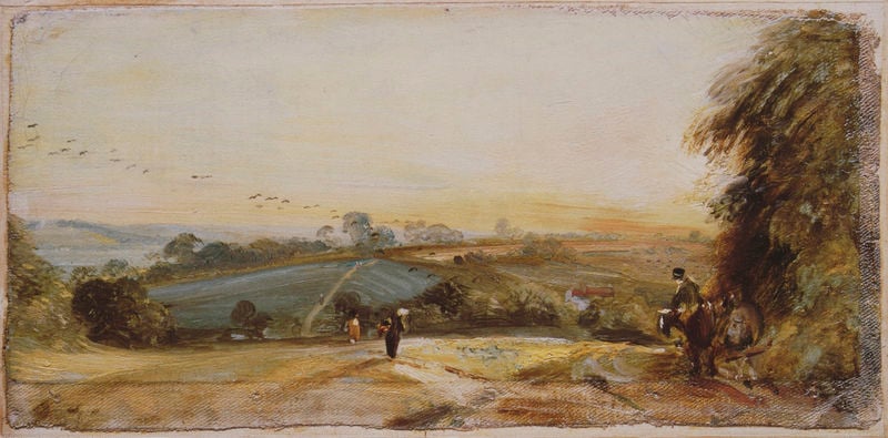 Autumnal Sunset. by John Constable. 1812. Motifs recorded: landschaft, vögel, baum, pferd, menschen, reiter, himmel, weg.