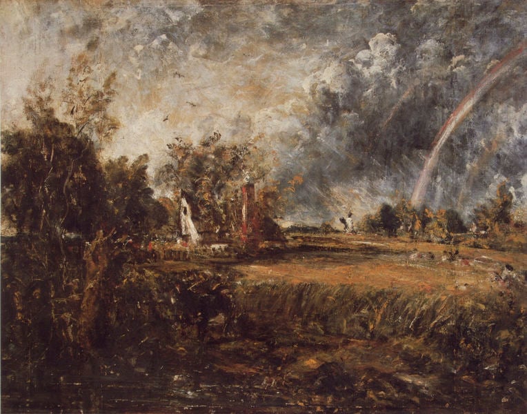 A Cottage at East Bergholt. by John Constable. 1830–1835. Motifs recorded: regenbogen, wolken, bäume, haus, vögel, landschaft, rot, feld.