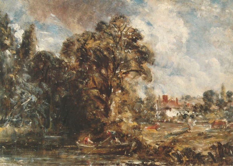 A Farmhouse near the Water's Edge. by John Constable. 1832–1834. Motifs recorded: boot, haus, baum, landschaft, wolken, fluss, bäume, see.