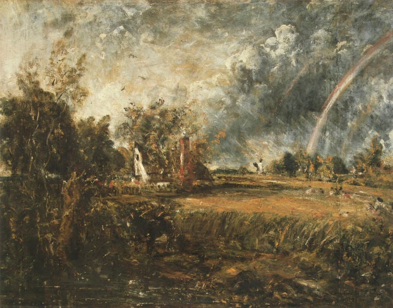 A Cottage at East Bergholt. by John Constable. 1830–1839. Motifs recorded: regenbogen, haus, wolken, bäume, landschaft, himmel, regen, wiese.