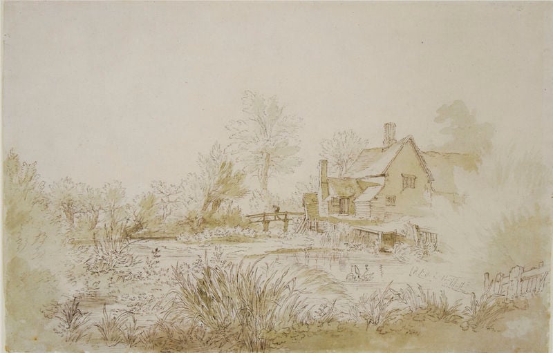 A Farmhouse by a River. by John Constable. 1798. Motifs recorded: haus, brücke, gras, zeichnung, fluss, mann, schornstein, fenster.
