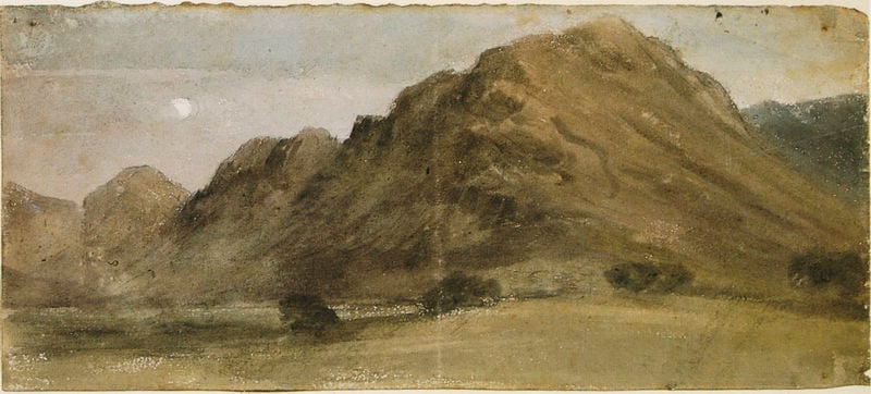 Borrowdale by Moonlight. by John Constable. 1806. Motifs recorded: mond, landschaft, berg, himmel, bäume, grün, braun, aquarell.