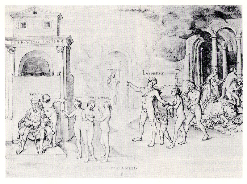 Allegorie auf Luther. by Peter Vischer, der Jüngere. 1524. Motifs recorded: nackt, zeichnung, kind, frauen, säulen, männer, menschen, bogen.
