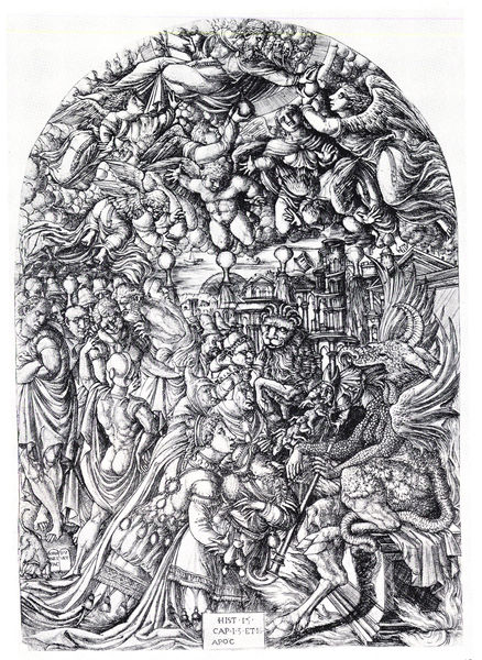 Der Drache mit den sieben Hörnern und das Tier mit den Lammshörnern. by Jean Duvet. 1555. Motifs recorded: lion, people, dragon, wings, angel, menschen, engel, löwe.