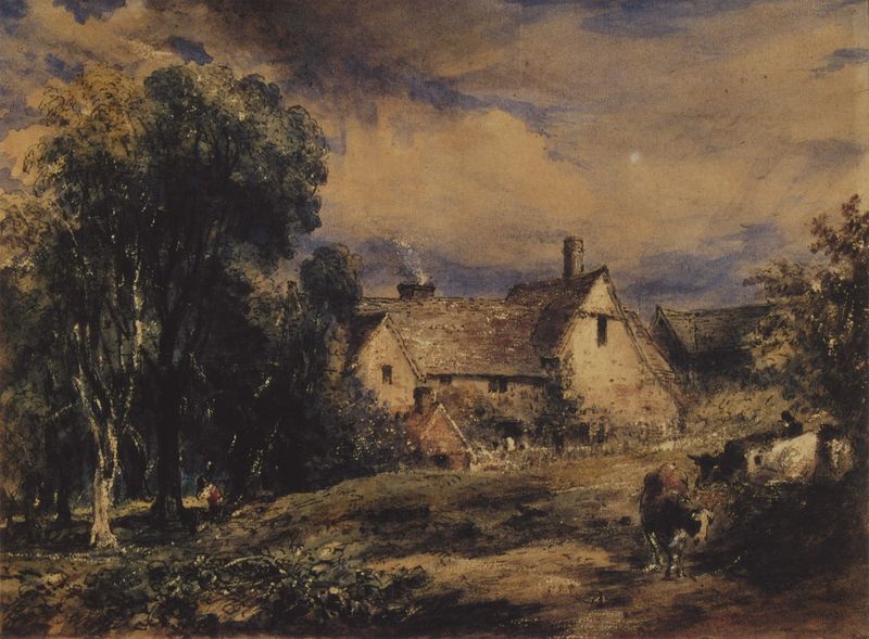 A Farmhouse. by John Constable. 1832–1833. Motifs recorded: haus, schornstein, rauch, landschaft, wolken, baum, himmel, kuh.