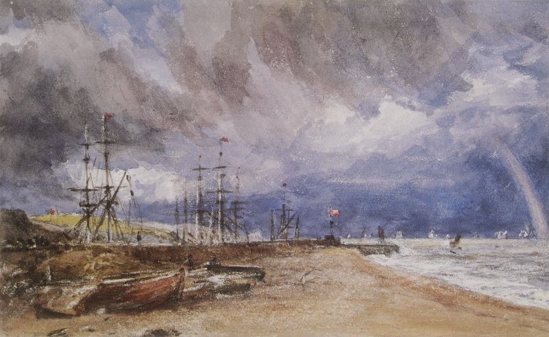 Folkestone Harbour, with a Rainbow. by John Constable. 1833. Motifs recorded: schiffe, ships, meer, himmel, clouds, regenbogen, wolken, strand.