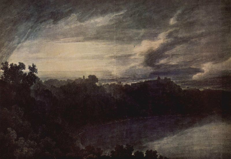 Albaner See mit Castel Gandolfo, Sonnenuntergang. by John Robert Cozens. 1775–1779. Motifs recorded: see, bäume, wolken, himmel, wald, landschaft, gewitter, dunkel.