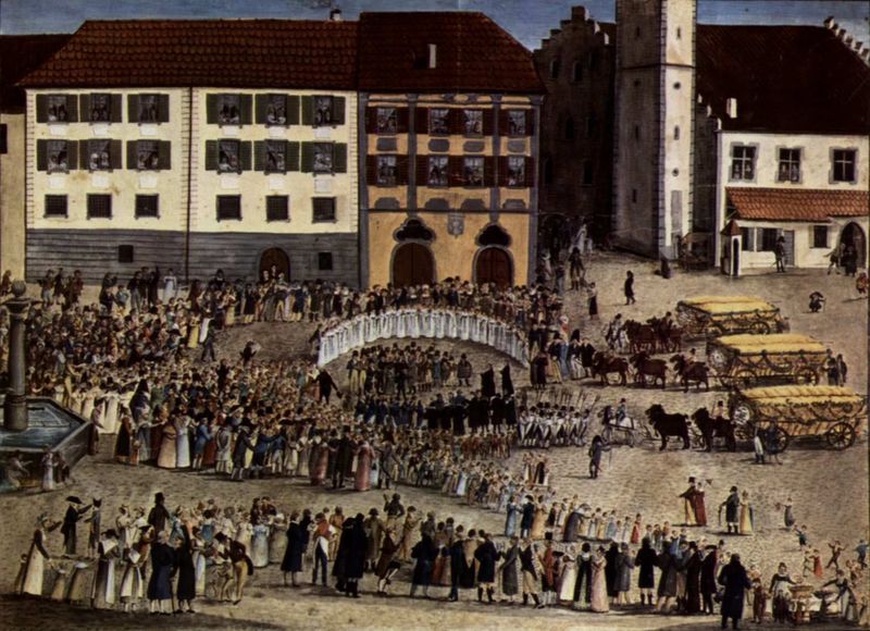 Am »Platz«. by Gottlob Johann Edinger. 1817. Motifs recorded: turm, platz, pferde, brunnen, menschen, häuser, fest, wagen.