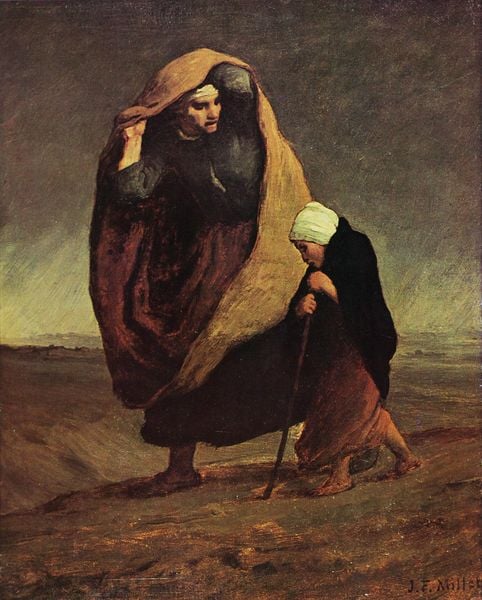 Die Obdachlosen. by Jean François Millet. 1846–1850. Motifs recorded: kind, stock, frau, child, umhang, braun, himmel, woman.