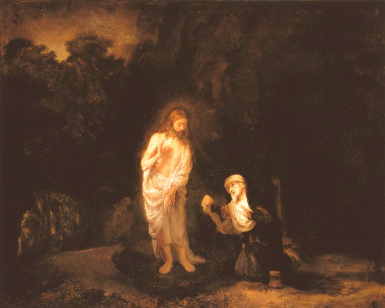 Christus erscheint Maria Magdalena. by Rembrandt. 1651. Motifs recorded: christus, heiligenschein, frau, dunkel, maria, bäume, noli me tangere, licht.