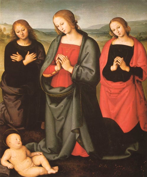 Madonna in Anbetung des Kindes. by Pietro Perugino. 1500. Motifs recorded: frauen, maria, jesus, landschaft, beten, nackt, christus, rot.