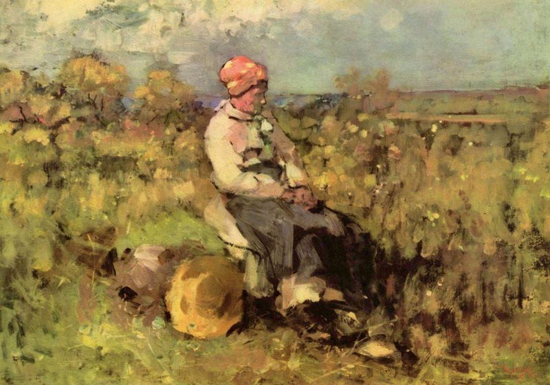 Alte Frau aus Brolles. by Nicolae Grigorescu. 1860–1900. Motifs recorded: grün, wiese, frau, sitzen, feld, bäume, himmel, schürze.