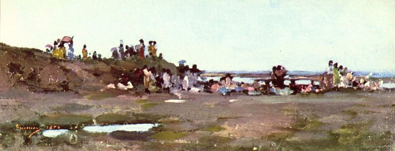 Am Siretufer. by Nicolae Grigorescu. 1874. Motifs recorded: menschen, himmel, see, gras, wasser, meer, pfütze, braun.