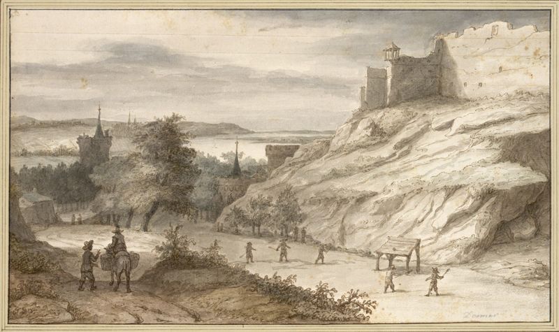Blick auf Saumur von Süden. by Lambert Doomer. Motifs recorded: ruine, burg, menschen, turm, bäume, pferd, körbe, männer.