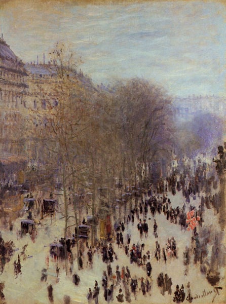 Boulevard des Capucines. by Claude Monet. 1873. Motifs recorded: bäume, menschen, stadt, himmel, kutschen, paris, winter, häuser.