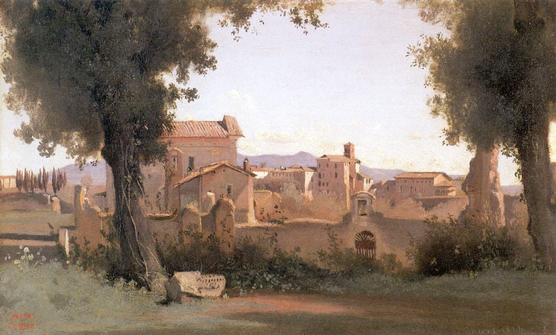 Blick aus den Farnesischen Gärten, März 1826. by Jean Baptiste Camille Corot. 1826. Motifs recorded: bäume, berge, mauer, himmel, zypressen, dorf, stadt, italien.