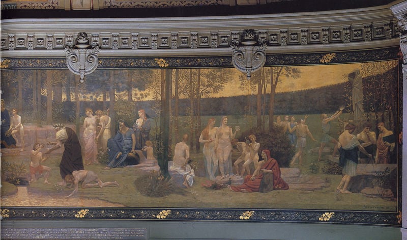 Wandbild in der Sorbonne (rechts). by Pierre Puvis de Chavannes. 1889. Motifs recorded: menschen, wiese, frauen, bäume, baum, gold, fresko, nackt.