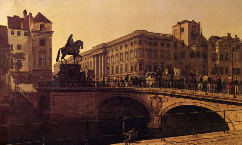 Berlin, Schloss. by Carl Wilhelm Gropius. 1826. Motifs recorded: brücke, geländer, kutsche, menschen, reiter, häuser, pferd, fenster.