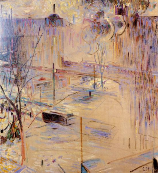 Berlin, Savignyplatz mit Stadtbahnbrücke. by Curt Herrmann. 1911–1912. Motifs recorded: brücke, stadt, bäume, winter, baum, straße, blau, häuser.