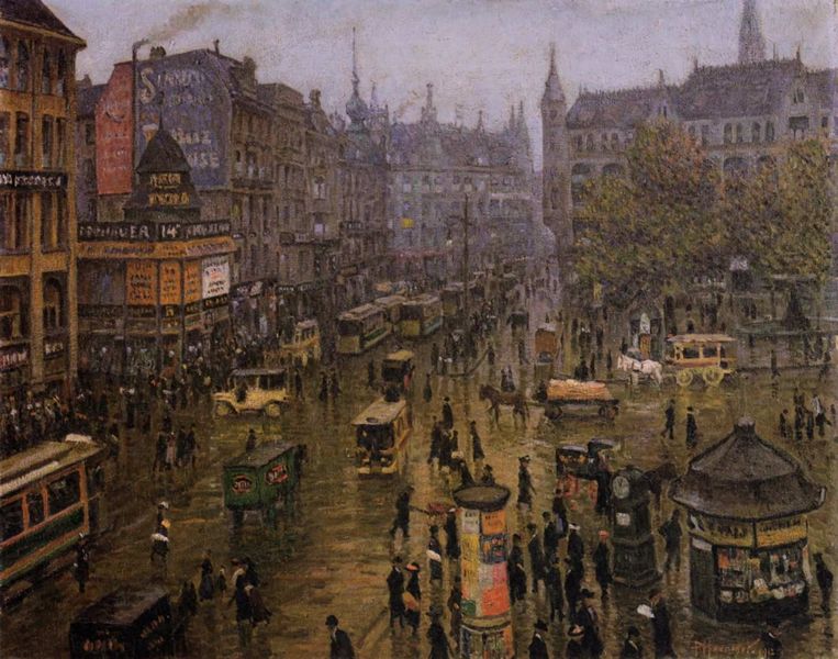 Berlin, Spittelmarkt. by Paul Hoeniger. 1912. Motifs recorded: stadt, menschen, kiosk, straßenbahn, häuser, regen, kutsche, bäume.