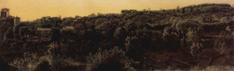 Palast am Park Chigi. by Alexander Andrejewitsch Iwanow. 1837–1857. Motifs recorded: landschaft, wald, häuser, himmel, abend, haus, weg, bäume.
