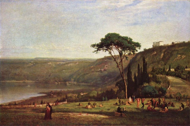 Albanersee. by George Inness. 1869. Motifs recorded: menschen, see, himmel, baum, landschaft, wolken, brücke, hügel.