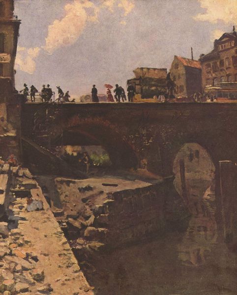 Brücke in einer französischen Stadt. by Stanislas Lépine. 1868–1872. Motifs recorded: brücke, menschen, häuser, schirm, steine, wolken, himmel, bogen.