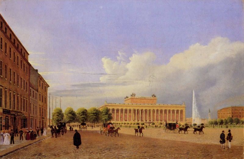 Berlin, Altes Museum von der Schlossfreiheit aus. by Johann Heinrich Hintze. 1830–1834. Motifs recorded: kutsche, fontäne, platz, gebäude, wolken, pferde, menschen, kutschen.