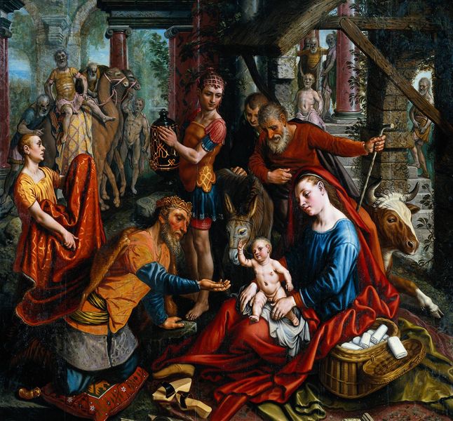 Anbetung der Könige. by Pieter Aertsen. 1555–1565. Motifs recorded: maria, esel, jesus, korb, rot, kamele, blau, kind.