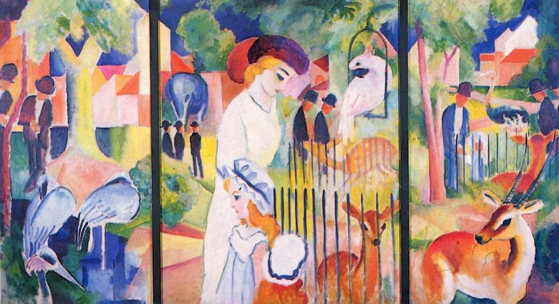 Großer Zoologischer Garten, Triptychon. by August Macke. 1913. Motifs recorded: reh, bunt, frau, männer, papagei, kind, zoo, kinder.