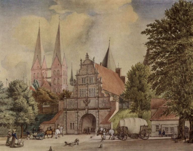 Äußeres Holstentor. by Karl Julius Milde. 1850. Motifs recorded: kirche, pferde, tor, menschen, bäume, baum, türme, stadt.