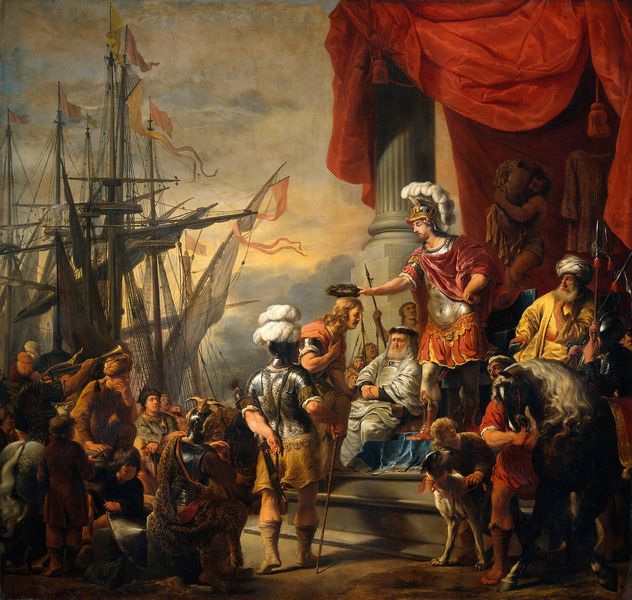 Aeneas am Hof des Latinus. by Ferdinand Bol. 1661–1663. Motifs recorded: ship, dog, schiff, horse, helmet, crown, segelschiff, red.