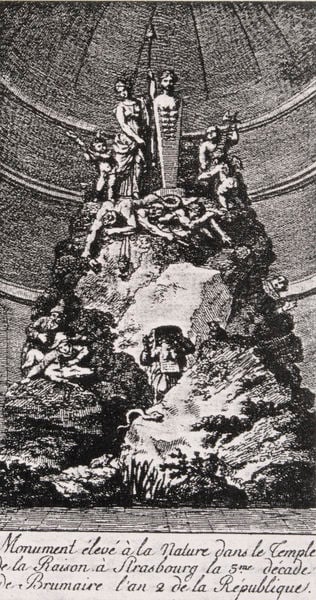 Das Monument der Natur in dem zum Tempel der Vernunft bestimmten Straßburger Münster. 1793. Motifs recorded: kuppel, schlange, felsen, schrift, menschen, französisch, fels, frau.