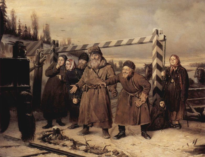 An der Eisenbahn. by Wassilij Grigorjewitsch Perow. 1868. Motifs recorded: russland, schnee, männer, schranke, winter, eisenbahn, frauen, bäume.