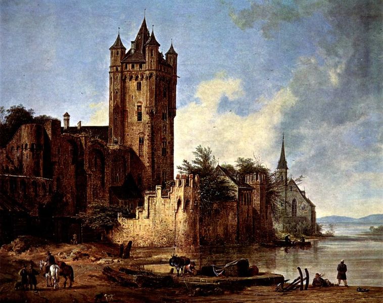 Eltville am Rhein, Wasserburg der Mainzer Erzbischöfe. by Domenico Quaglio. 1828. Motifs recorded: castle, sky, horses, church, water, clouds, trees, boat.