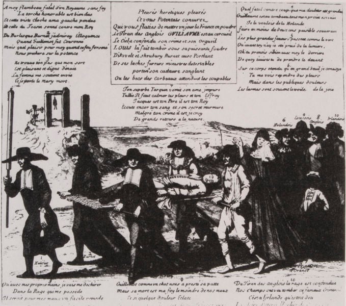 Ankündigung des Todes von Wilhelm von Oranien. 1690. Motifs recorded: galgen, schrift, text, männer, bahre, menschen, schwarz, leiche.