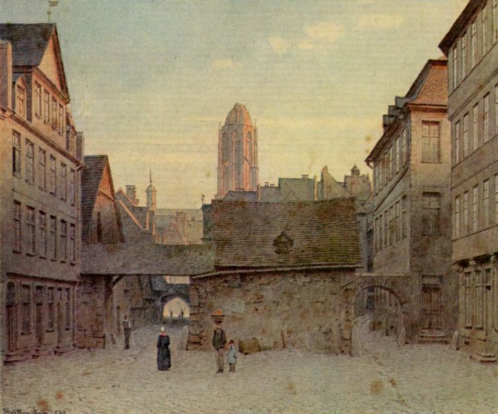 Frankfurt am Main, Trierscher Hof. by Carl Theodor Reiffenstein. 1868. Motifs recorded: stadt, turm, wolken, kirche, platz, fenster, kind, himmel.