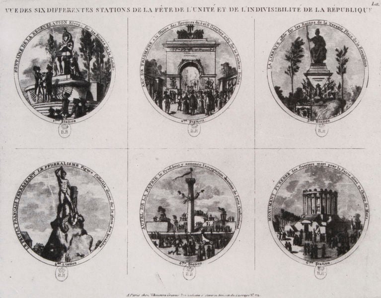 Abbildung der Denkmäler an den sechs Stationen des Festzuges bei den Feiern zur Einheit und Unteilbarkeit der Republik am 10. August 1793. 1793. Motifs recorded: frankreich, statue, rund, tempel, sechs, denkmal, triumphbogen, bogen.