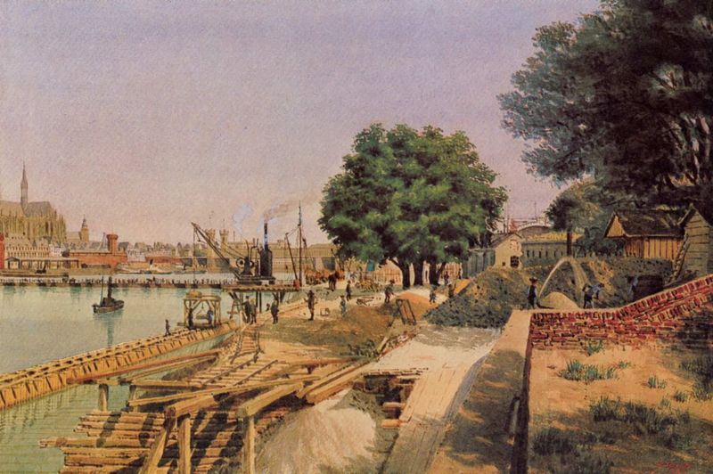 Am Deutzer Ufer, Bau der Eisenbahnanlagen. by Wilhelm Scheiner. 1884. Motifs recorded: stadt, baum, mauer, kirche, baustelle, hafen, wasser, fluss.