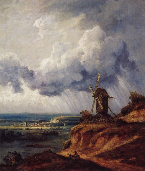 Die Mühle von Argenteuil. by Georges Michel. 1830–1839. Motifs recorded: windmühle, regen, wolken, himmel, stadt, landschaft, mühle, weg.